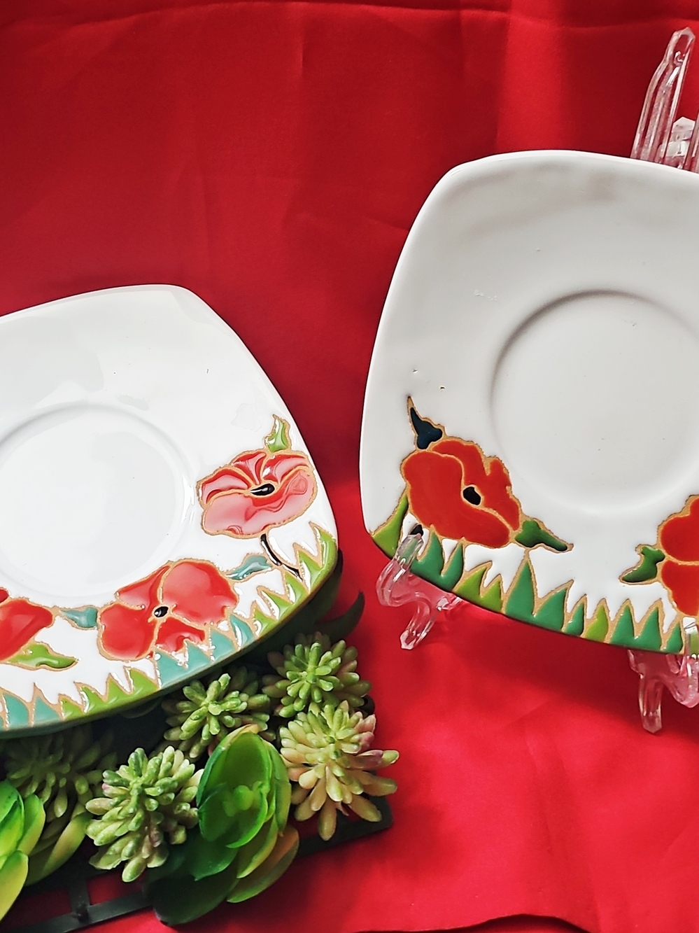 Hand-Painted In Italy White Dessert Plates with Red Poppy Motif
